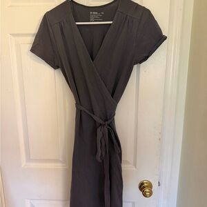 Classic Gray Wrap Midi Dress with Tie Waist